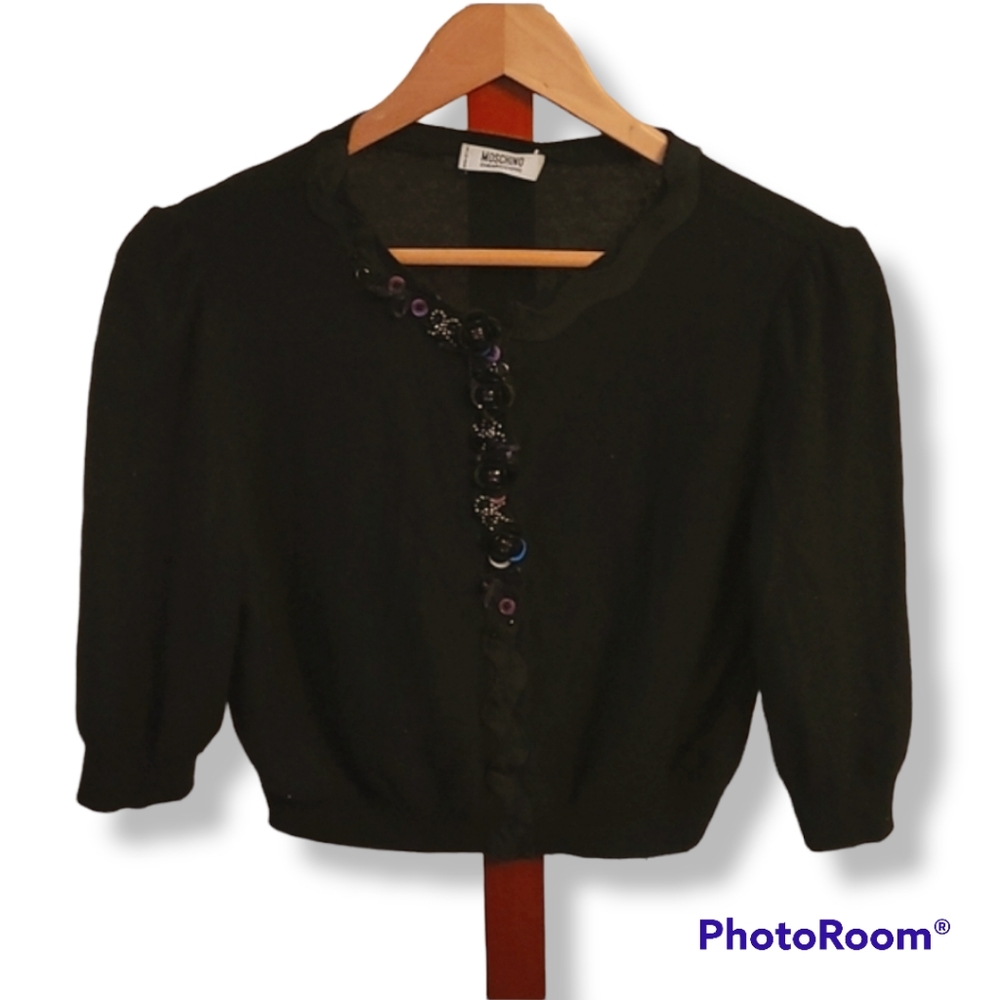 Moschino Cheap and Chic Black Bedazzled Short Sleeve Cardigan